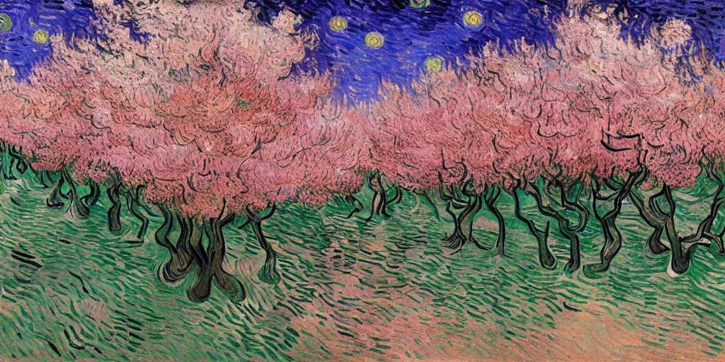 Prompt: in the dark cave, there is bright light at the exit, and outside is a pink peach blossom forest with colorful fallen flowers, by Vincent van Gogh