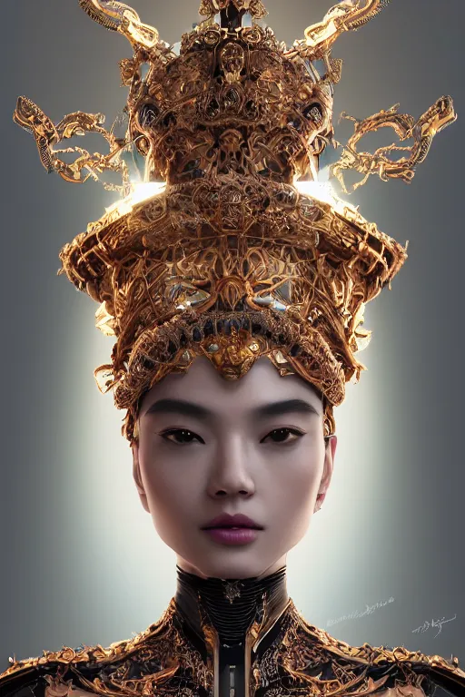 Image similar to a beautiful empress portrait, with a brilliant, impossible striking big cybernetic headpiece, cybernetic clothes, symmetrical, dramatic studio lighting, rococo, baroque, asian, hyperrealism, closeup, D&D, fantasy, intricate, elegant, highly detailed, digital painting, artstation, octane render, 8k, concept art, matte, sharp focus, illustration, art by Artgerm and Greg Rutkowski and Alphonse Mucha