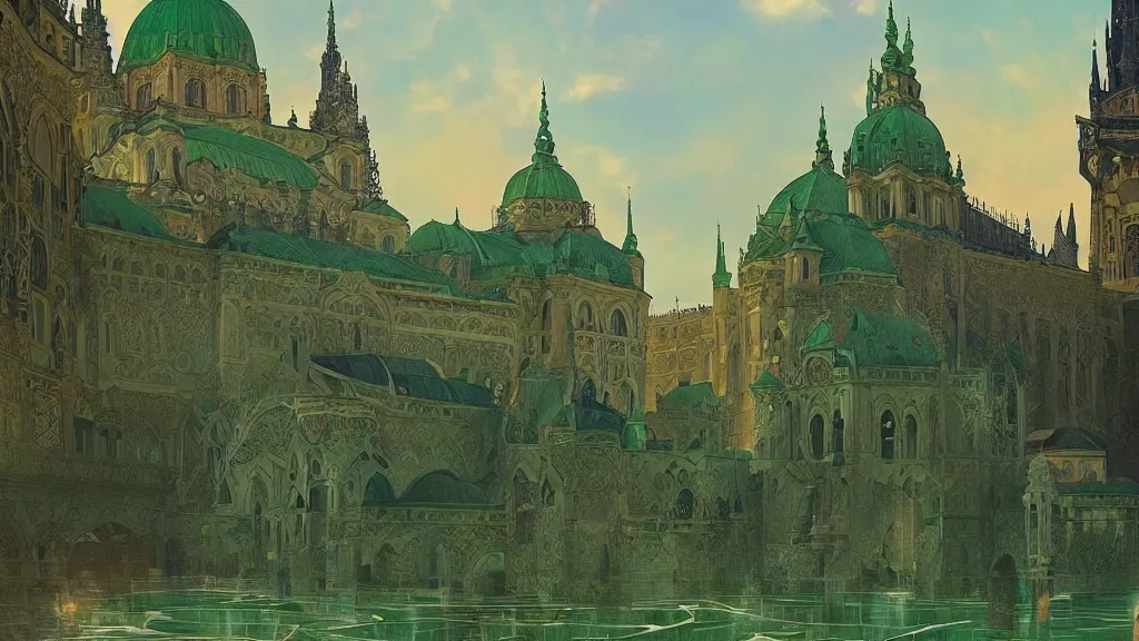 Prompt: a beautiful painting of arabian prague palace made of green, polished semiprecious malachite marble and jade at sunrise, intricate, elegant, highly detailed, digital painting, artstation, concept art, by krenz cushart and artem demura and alphonse mucha