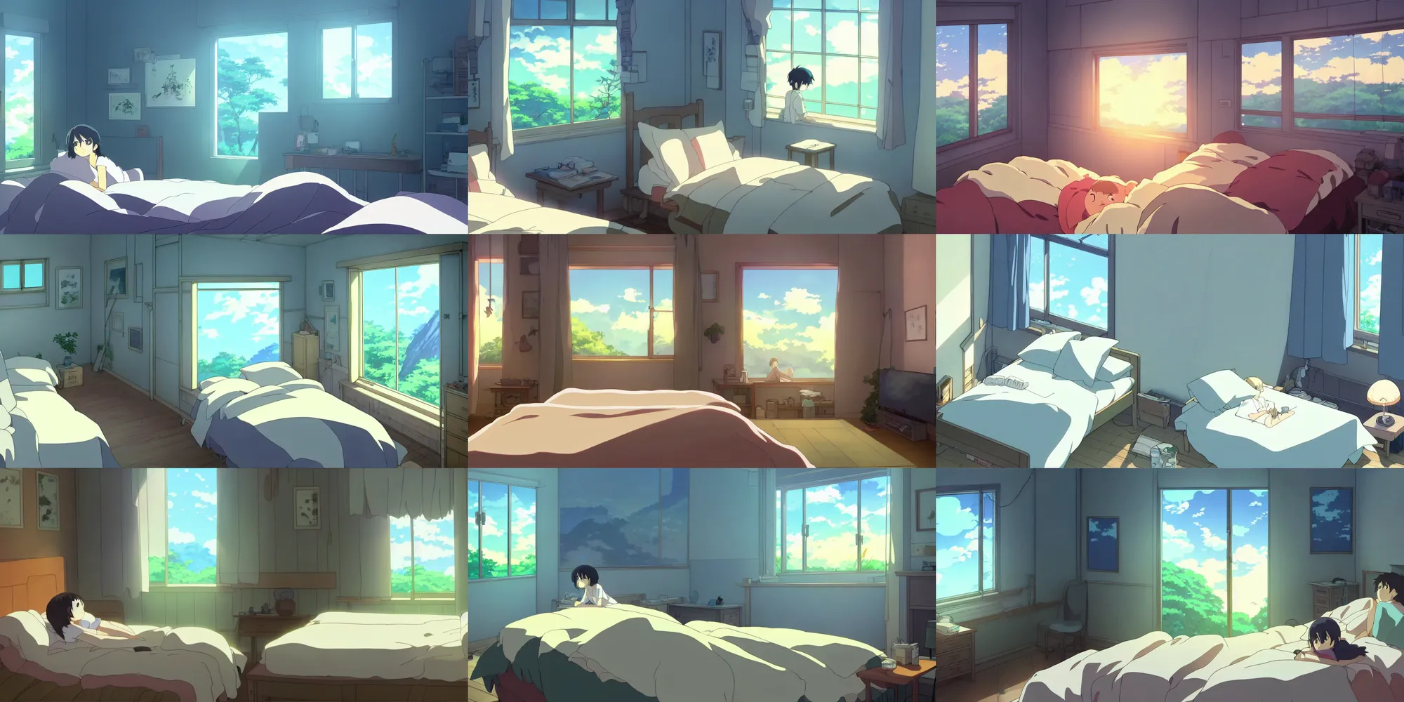 Prompt: comfortable bedroom, a close - up, digital art, illustrations, by makoto shinkai and studio ghibli, look at the front horizontally