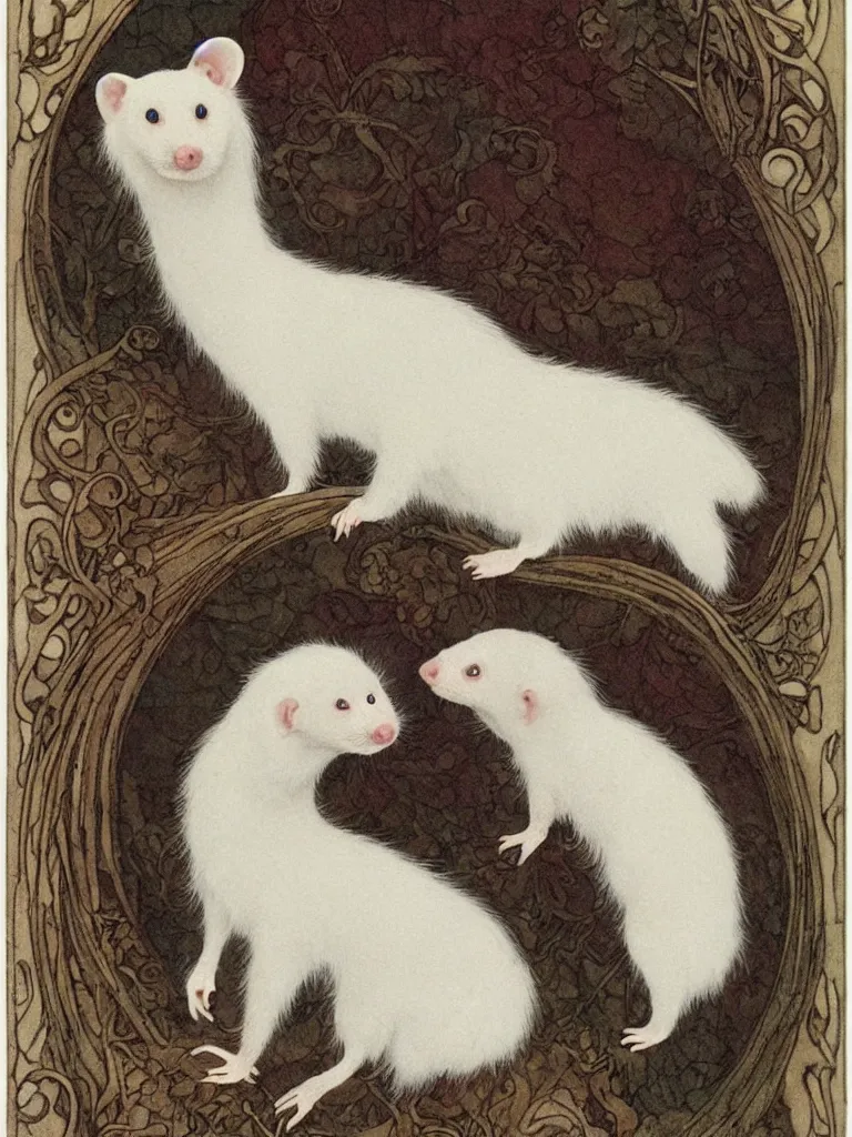 Prompt: A portrait of a single albino ferret. Art nouveau. Fantasy theme. By George Wheelhouse and Warwick Goble.