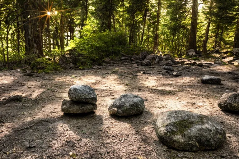 Prompt: Rocks in the middle of an evergreen forest with a ray of sunshine, photograph, professional photography