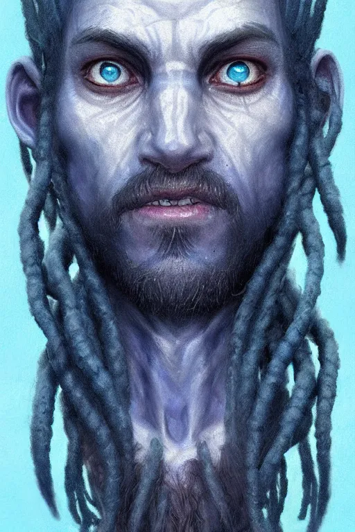 Image similar to portrait of a blue skin genasi with a square jaw from d & d by greg rutkowski, dreadlocks and small beard, tempest priest, runic rings, d & d character, blue, black background, highly detailed portrait, digital painting, artstation, concept art, smooth, sharp foccus ilustration, artstation hq