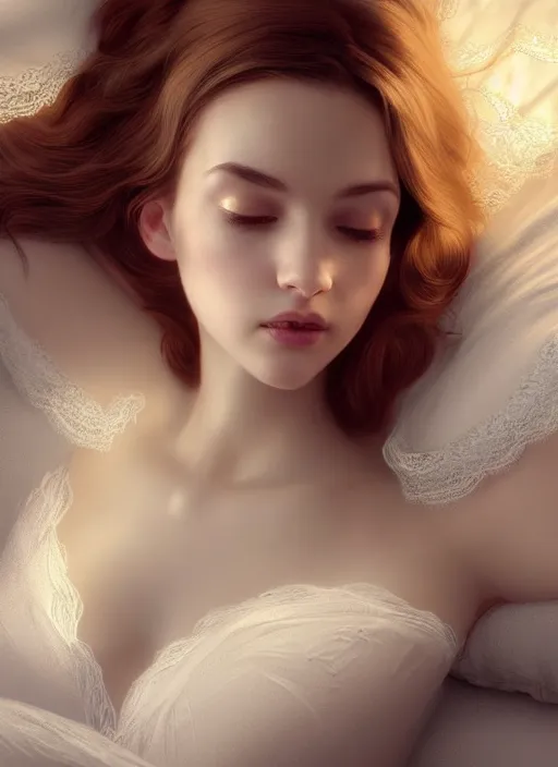 Prompt: young woman beautiful face : : white lace peignoir : : lie in bed at night : : weta disney pixar movie still photo : : decadent highly - detailed digital painting, soft light, full length shot, golden ratio, octane render, artstation, smooth, sharp focus, artgerm, mucha, loish, wlop, gogo