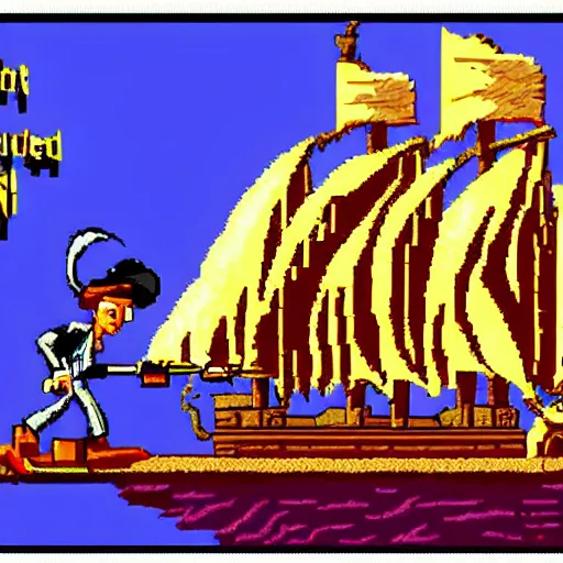 Prompt: monkey island, lucasarts, pixelart, guybrush swordfighting with jack sparrow