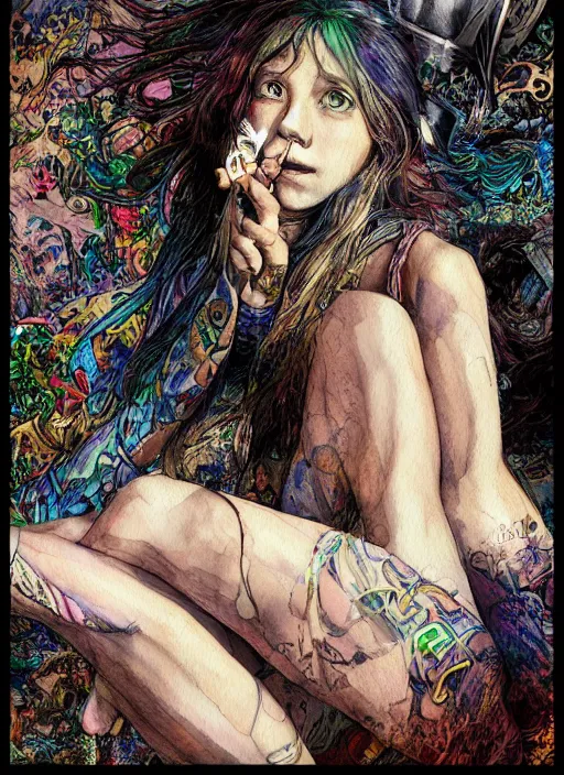 Image similar to portrait, beautiful Stoner hippy girl, sitting down, smoking a magical bong, watercolor, dramatic lighting, cinematic, establishing shot, extremely high detail, foto realistic, cinematic lighting, pen and ink, intricate line drawings, by Yoshitaka Amano, Ruan Jia, Kentaro Miura, Artgerm, post processed, concept art, artstation, matte painting, style by eddie mendoza, raphael lacoste, alex ross