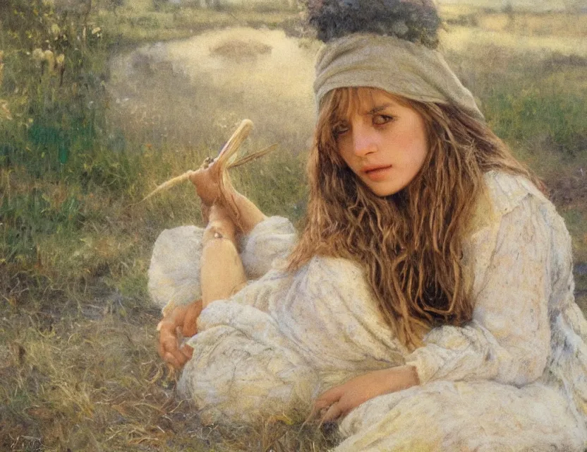 Image similar to peasant girl with long hair yarn knitting, cottage core, cinematic focus, polaroid photo bleached vintage pastel colors high - key lighting, soft lights, foggy, by steve hanks, by lisa yuskavage, by serov valentin, by tarkovsky, 8 k render, detailed, oil on canvas