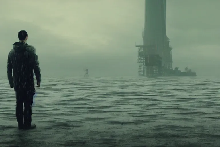 Image similar to a still from bladerunner 2 0 4 9 depicting a long shot photograph of a handsome asian man wearing wet weather gear. he stares intently into the camera with a worried expression. behind him is a futuristic oil rig in the deep ocean. sci fi, futuristic, cinematic, low light, soft focus.