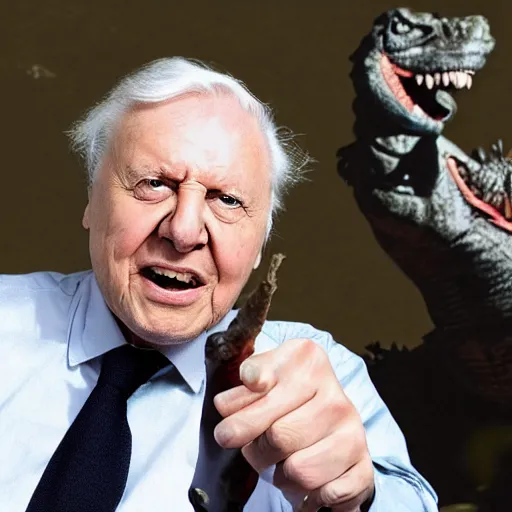 Image similar to Sir David Attenborough excited pointing at Godzilla