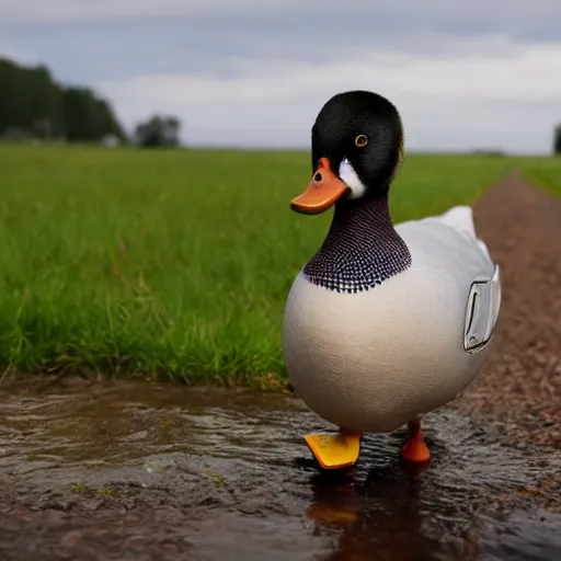 Image similar to a duck wearing rubber boots in the french countryside, realistic, detailed, 8 k