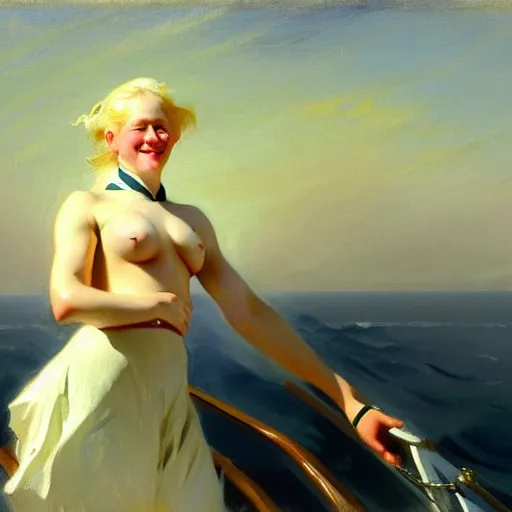 Image similar to painting of a muscular albino female sailor woman with broad shoulders, flowing white hair, and a confident smile, naval uniform, on a boat at sea. painting by john singer sargent and ivan aivazovsky, 4 k hd artstation