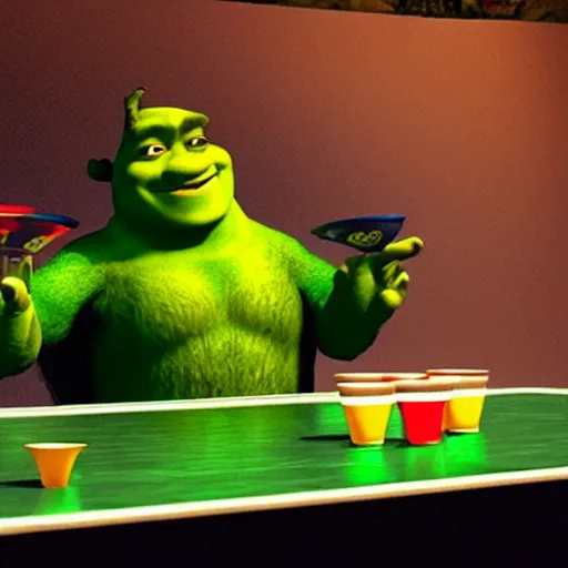 Image similar to shrek playing beer pong