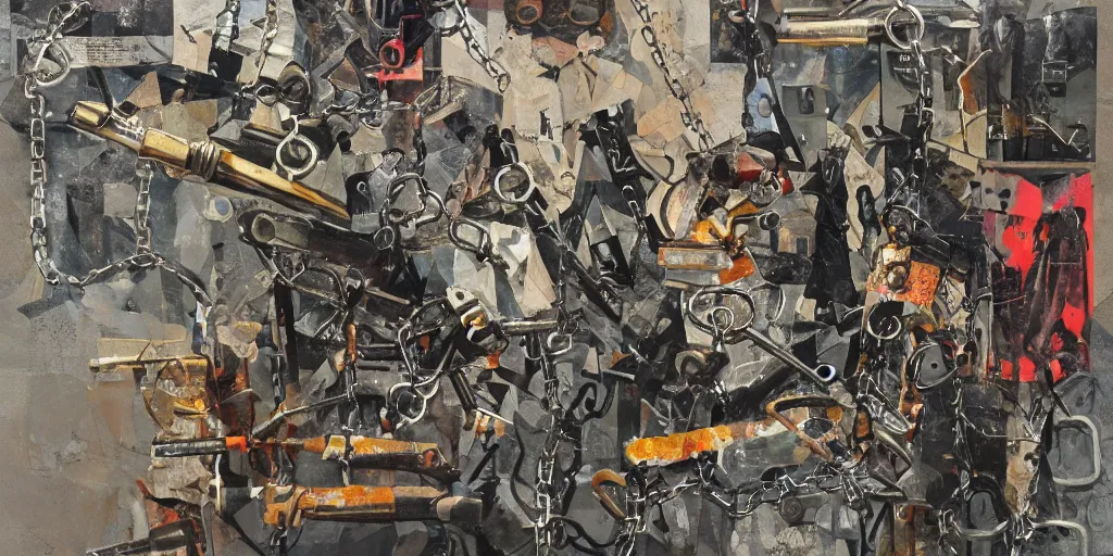 Prompt: guns and chain, collage, acrylic on canvas, expressionism movement, breathtaking detailed, by blake neubert