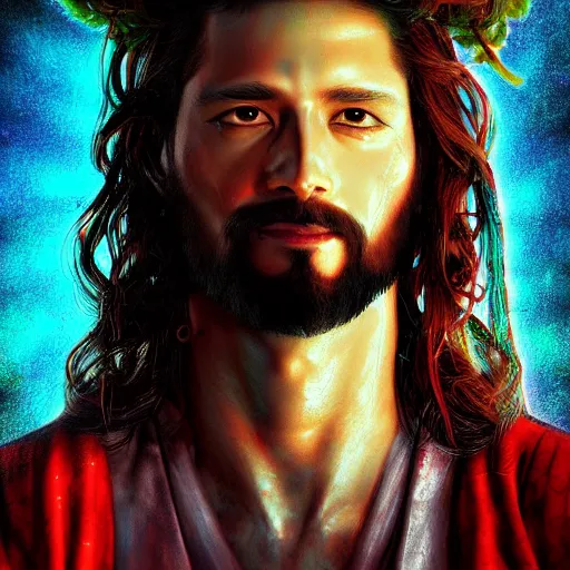 Prompt: UHD photorealistic studio portrait of a Jesus skateboarding , extremely detailed, 8k, cinematic lighting, in the style of Amano and Ayami Kojima, with vivid colors and rich composition