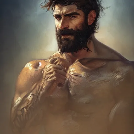 Prompt: portrait of a rugged ranger, 2 5 years old, muscular, upper body, hairy torso, d & d, fantasy, intricate, elegant, highly detailed, digital painting, artstation, concept art, smooth, sharp focus, illustration, art by artgerm and greg rutkowski and alphonse mucha