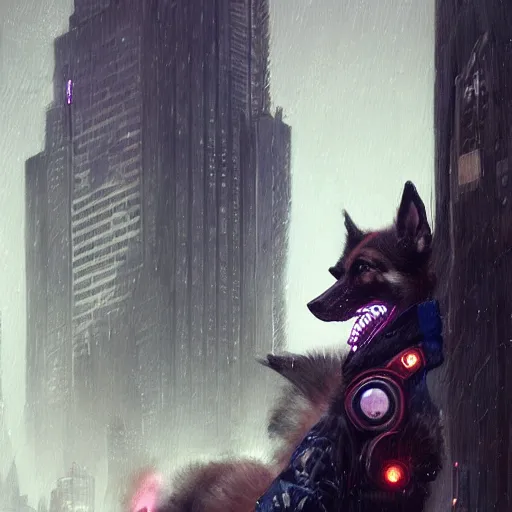 Image similar to new york city portrait of furry anthro anthropomorphic german shepard head animal person fursona wearing clothes strange cybernetic augmentations cyber muzzle gloomy rainy cyberpunk digital art by Greg Rutkowski, Simon Stalenhag, trending on Artstation, CGSociety