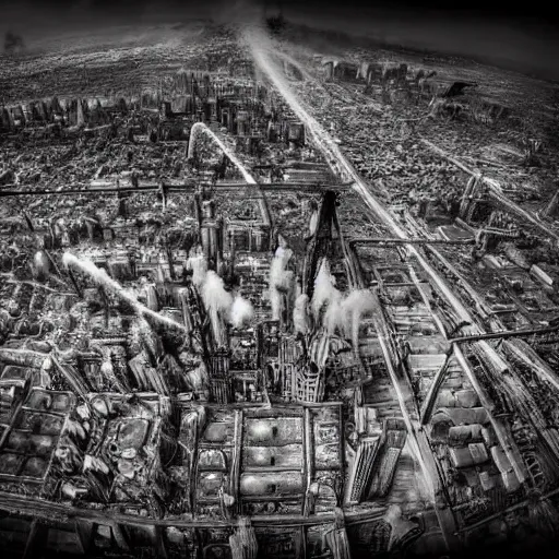 Image similar to steampunk city skylines engulfed in flames, huge fires, explosions everywhere, bird's eye view, cinematic, very detailed, black and white photograph