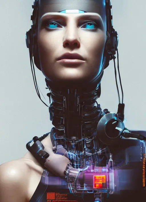 Image similar to cyberpunk,sci-fi, fantasy,Kodak Portra 400, 8K, soft light, volumetric lighting, highly detailed, britt marling style 3/4 ,portrait photo of a beautiful cyborg robot woman in a chemical laboratory + face, intricate, elegant, highly detailed, digital painting, artstation, concept art, smooth, sharp focus, illustration,art by artgerm and greg rutkowski and alphonse mucha