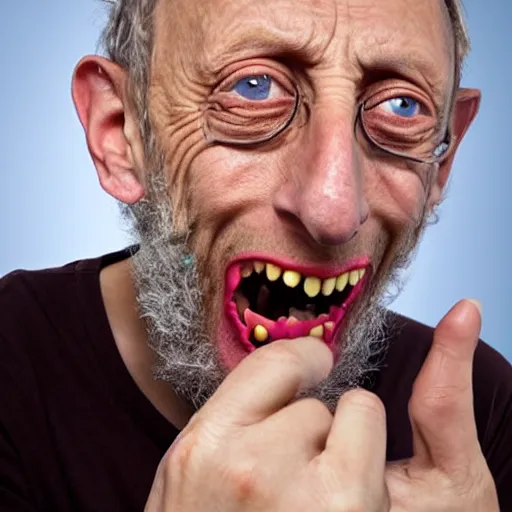 Image similar to michael rosen unhinging his jaw to eat five hundred chocolate cakes photorealistic