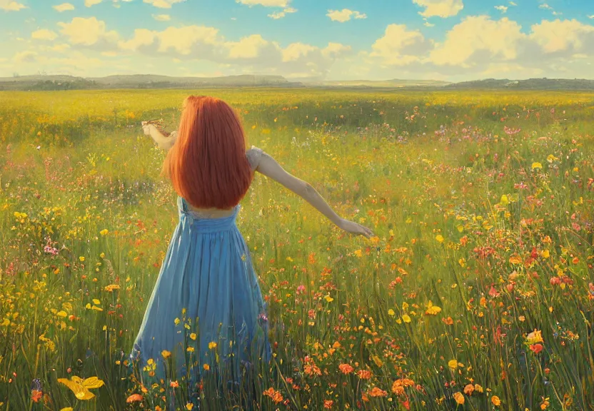 Image similar to a woman seen from behind from a distance with copper hair and a flowing yellow sundress dancing in a field of wildflowers, with cute - fine - face, pretty face, realistic shaded perfect face, fine details by realistic shaded lighting poster by ilya kuvshinov katsuhiro otomo, magali villeneuve, artgerm, jeremy lipkin and michael garmash and rob rey