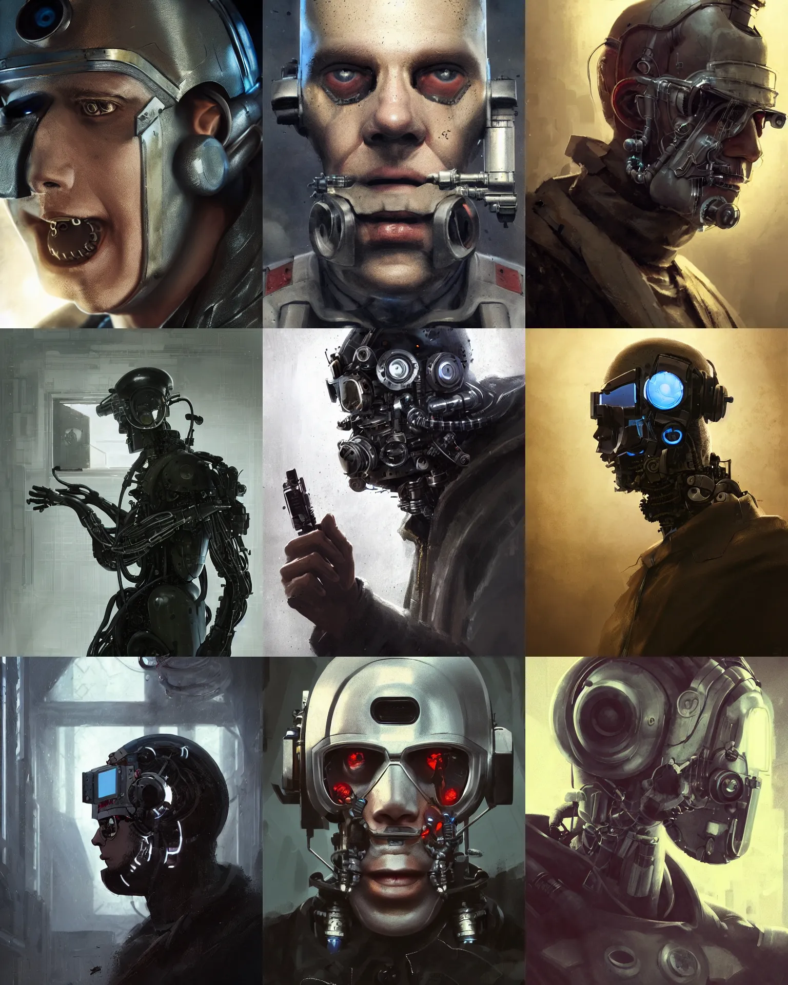 Prompt: a half - masked peculiar laboratory engineer man with cybernetic enhancements as seen from a distance, scifi character portrait by greg rutkowski, esuthio, craig mullins, 1 / 4 headshot, cinematic lighting, dystopian scifi gear, gloomy, profile picture, mechanical, half robot, implants, steampunk