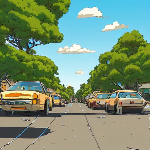 Prompt: neighborhood street, uptown street, golden hour, golden sunshine, trees over road, shining sun in distance, trees, juniper trees, oak trees, cars parked in street, long street, distance, cel - shaded, raytracing, cel - shading, toon - shading, 2 0 0 1 anime, flcl, jet set radio future, drawn by artgerm