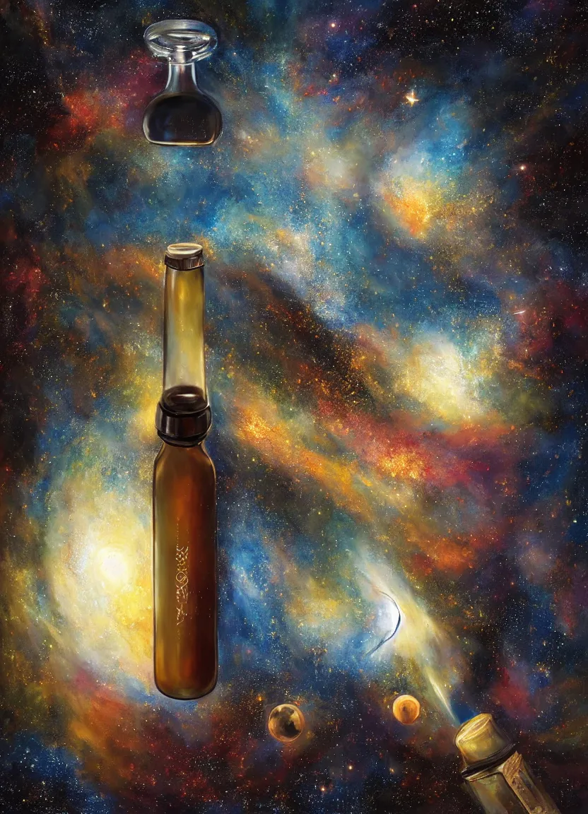 Prompt: high intricate dreamy painting of the milkyway inside a bottle, full shot, neil gaiman, maria panfilova, andrea savchenko, mike kime, ludovic plouffe, qi shengluo, oliver cook, julian calle, eddie mendoza, trending on artstation