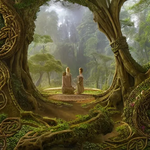 Image similar to a beautiful and highly detailed matte painting of an elven temple in a magical fantasy garden in a lush forest, celtic knots, ancient runes, knotted trees, intricate details, epic scale, insanely complex, 8 k, sharp focus, hyperrealism, very realistic, by caspar friedrich, albert bierstadt, james gurney, brian froud,