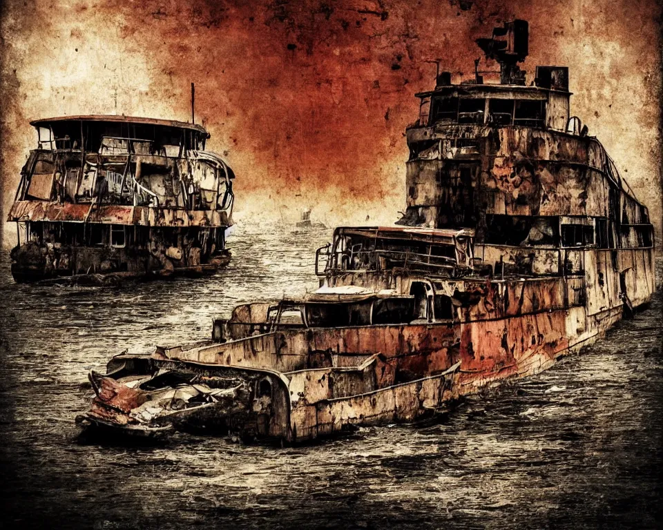 Prompt: a horror movie poster featuring a abandoned barge