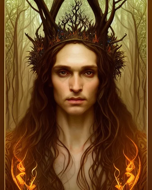 Image similar to symmetry portrait of king of ent of fangorn forest, glam, fae, fireflies, forest background, intricate, elegant, highly detailed, digital painting, artstation, concept art, smooth, sharp focus, illustration, art by artgerm and greg rutkowski and fra angelico and alphons mucha