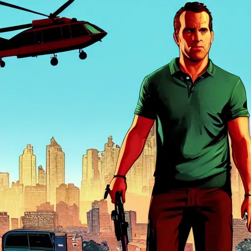 Prompt: Ryan Reynolds in GTA V cover, rockstar games, no text,