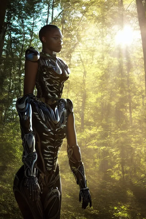 Image similar to hyperrealistic long shot gorgeous black woman intricate exoskeleton bone armor in a forest sun behind her god rays highly detailed concept art eric zener elson peter cinematic low angle hd 8k sharp rack focus