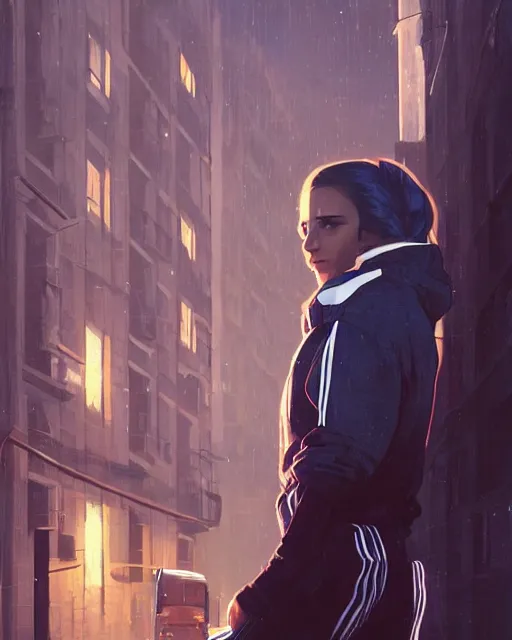 Image similar to portrait of attractive slav heroine wearing an addidas tracksuit. illuminated street lights, slav apartments in backround, by greg rutkowski and wlop, detailed, cinematic, 8 k, intricate, rule of thirds.