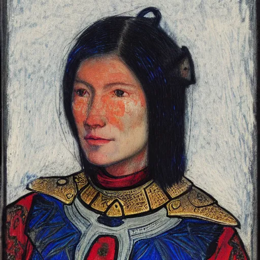 Prompt: head and shoulders portrait of a female knight, inuk, lorica segmentum, tonalist, baroque, chiaroscuro, symbolist, ambrotype, detailed, raven, edge lighting, etching, vibrant, palette knife, girih, prussian blue and raw sienna, angular, squinting