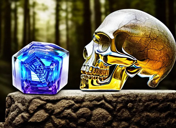 Image similar to crystal skull encased in crystal cube. On a pedestal in ancient ruins in the forest. Highly detailed 8k. Intricate. Nikon d850 55mm. Award winning photography.