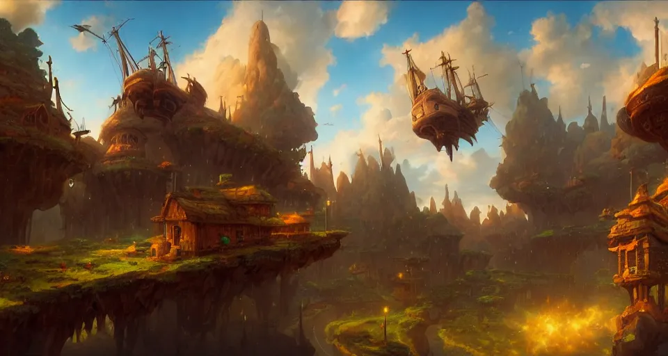 Image similar to landscape an fantasy town in the sky and an sky - ship flying towards it, andreas rocha