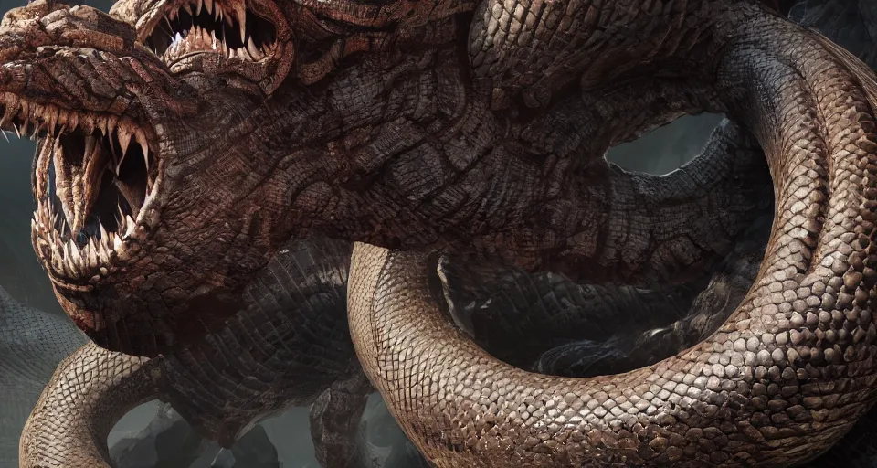 Prompt: closeup portrait of a coiled colossal monster serpent, rocky environment, dramatic lighting, cinematic, unreal engine, cgsociety, artstation, 4k