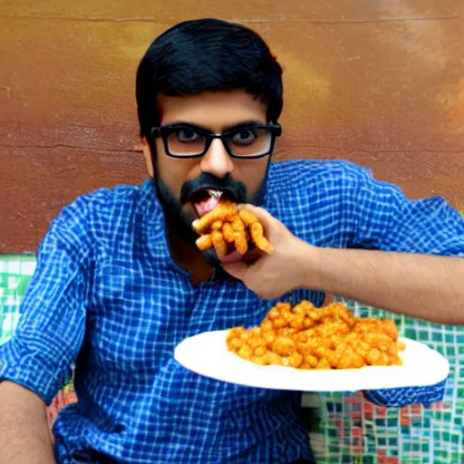 Image similar to image of a indian nerdy guy with specs eating vada