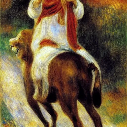 Prompt: old man ( wise long white beard wearing a hooded tunic ) riding on lions back by renoir