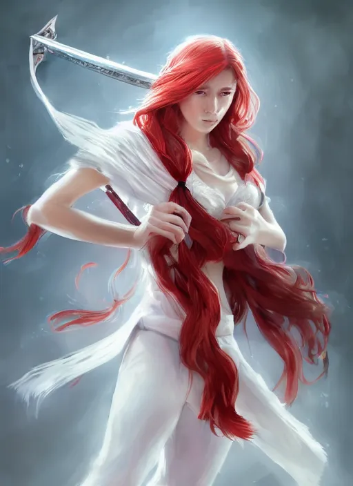 Image similar to a highly detailed illustration of fierce messy ponytail red haired one armed delinquent woman wearing long white tokkoufuku cape, dramatic wielding paper sword pose, intricate, elegant, highly detailed, centered, digital painting, artstation, concept art, smooth, sharp focus, league of legends concept art, wlop.