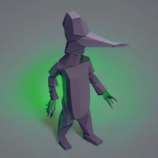 Prompt: blender render, torso of a low poly cyberpunk plague doctor, simple colors, green glowing lines in his beak, plain background