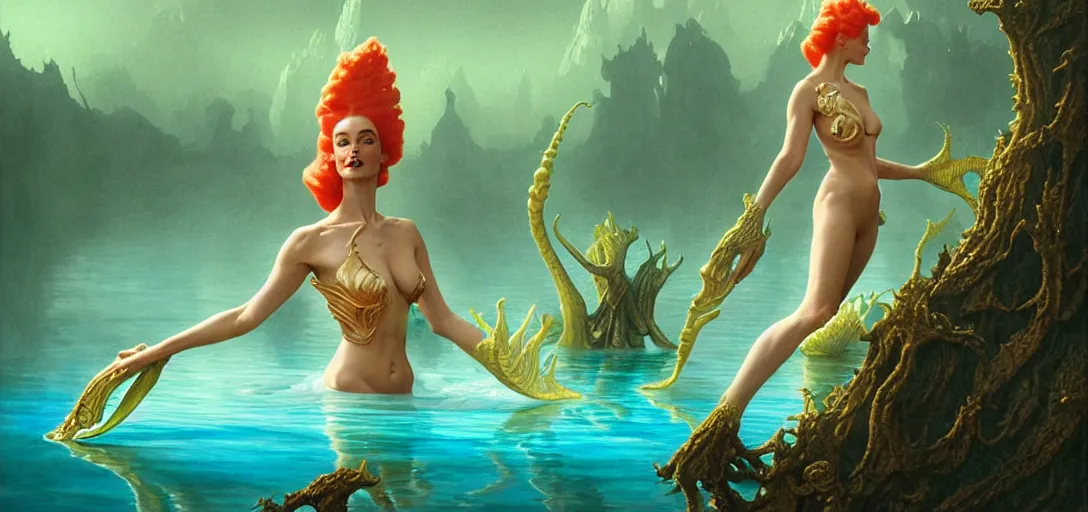 Prompt: beautiful alien women wearing ornate plastic armor bathing in a luminous lake in the style of roger dean and alberto vargas and stefan kostic, realistic, photoreal, sharp focus, 8 k high definition, insanely detailed, intricate, elegant, art by greg rutkowski and artgerm, extreme blur coral reef background