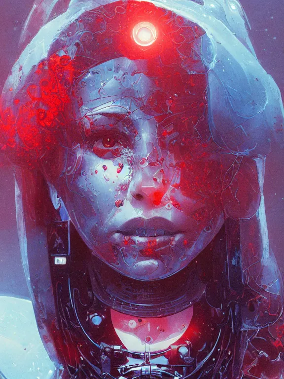 Prompt: symmetry closeup portrait of a cyborg girl, shattered glass, cinematic light, backlight, red sky blue, misty, vape, by mikhail vrubel, by philippe druillet, by peter elson, by gerald brom, muted colors, ( ( extreme detail ) ), trending on artstation, 8 k