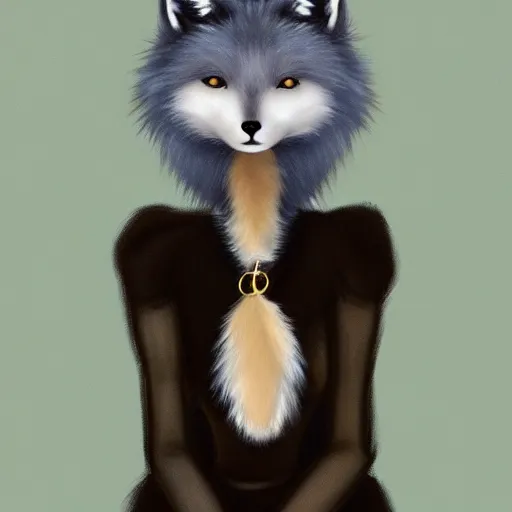 Prompt: digital painting of a female anthro arctic fox furry with blue eyes in a beautiful black dress, wlop, trending on artstation, furry fox ears, anthro paws and arms, gold necklace, femme, wlop, gradient shading, simple shading