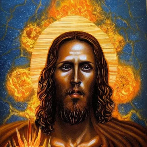 Prompt: a highly detailed oil painting of Jesus Christ with skull instead of face, standing inside the epicenter of thermonuclear blast mushroom on blue earth planet, going away, refusing to save humanity