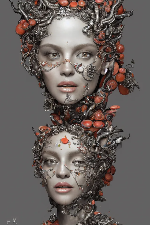 Prompt: a sculpture made of opal and coral, portrait, queen, future, harper's bazaar, vogue, magazine, insanely detailed and intricate, concept art, ornate, luxury, elite, elegant, trending on artstation, by Ruan Jia, Kenneth Willardt, Ross Tran, WLOP, Andrei Riabovitchev.