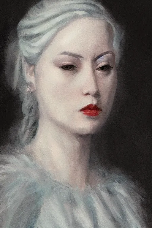 Image similar to Portrait of a frigid Ice Queen in the style of Artstation and Hyacinthe Rigaud