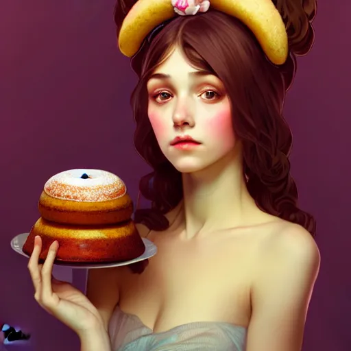 Image similar to portrait of a girl with a bundt cake on her head, digital art, cinematic, concept art, 8k, painting, imaginefx, cgsociety, art nouveau, Alphonse Mucha, trending on artstation, wide shot, full shot