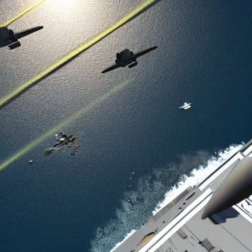 Image similar to promotional movie still, birds - eye view, a usa aircraft carrier in the ocean. in the distance a tie fighter ( star wars ) comes in for a landing. octane 3 d render, ue 5, realism, cinematic, imax 7 0 mm.