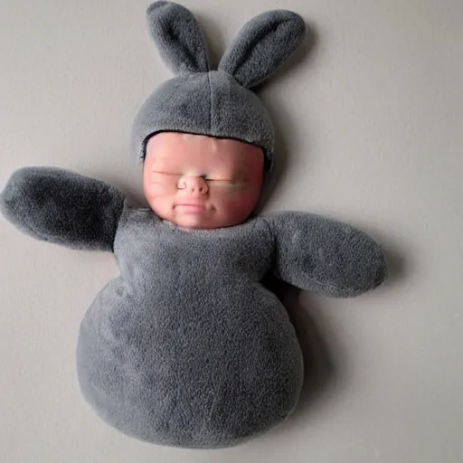 Image similar to a cute plush toy made to look like a sleeping baby wearing a grey fluffy bunny sleep suit